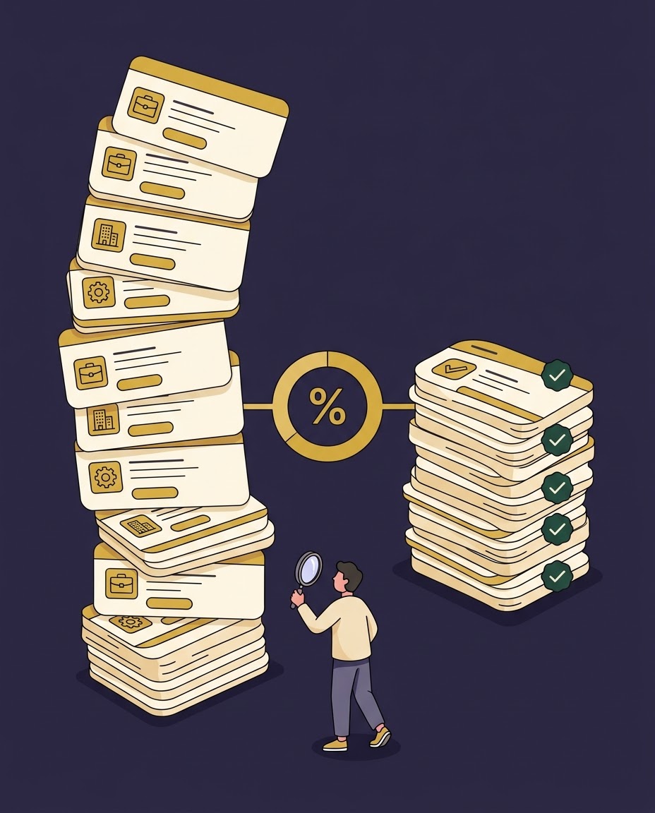 A person with a magnifying glass looking at a tall stack of job listings next to a short stack of checked ones