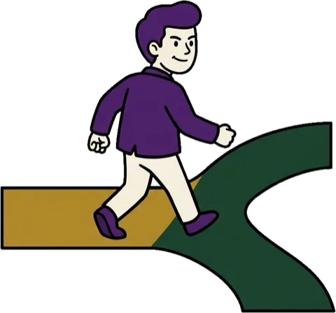 Illustration of a man stepping from a gold path onto a green one