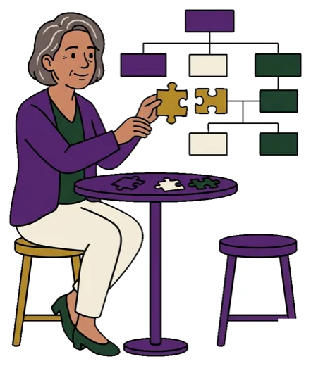 Illustration of a woman fitting puzzle pieces into a career flowchart